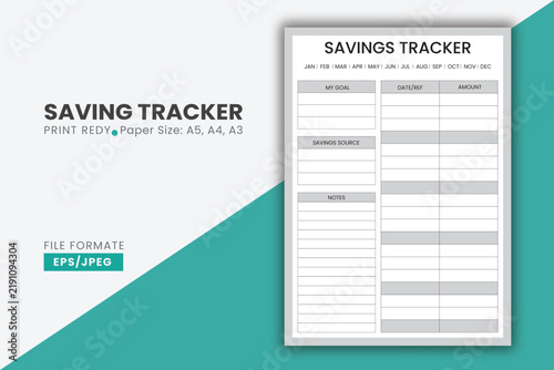 Personal Savings Tracker Printable Template, Monthly Budget and Expense Finance Planner Worksheet for A4 A5 A3 Size.