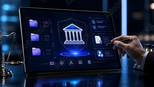 Legal Law And Compliance Dashboard On Tablet With Scales Of Justice