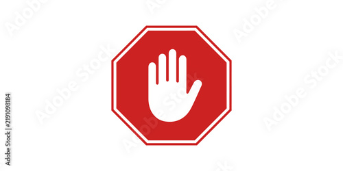 Red stop sign icon with open hand for safety and security alert warnings.