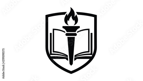 Black and white emblem of an academic crest or shield featuring an open book and a burning torch in center, on white background.
