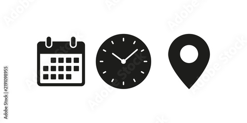 Black minimalist calendar clock and pin location icon set for web.