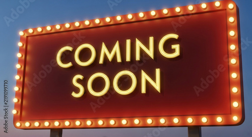 Vintage marquee sign with coming soon text, retro theater billboard with glowing light bulbs, red cinema announcement board