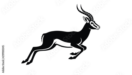 Black and white vector illustration of a graceful gazelle antelope jumping in mid air isolated on a white background.