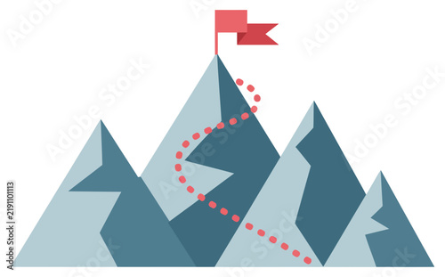 Mountain path leading to a red summit flag representing business success, goal achievement, career progress, motivation, ambition, and strategic growth