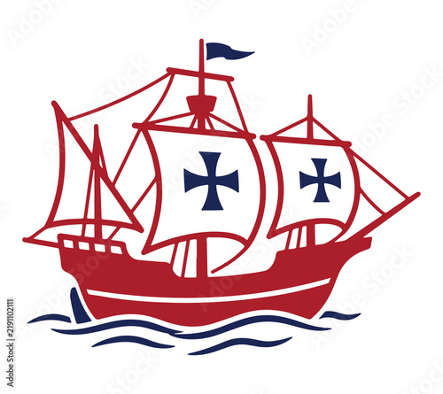 Happy columbus day celebration graphic with sailing ship and stars, columbus
