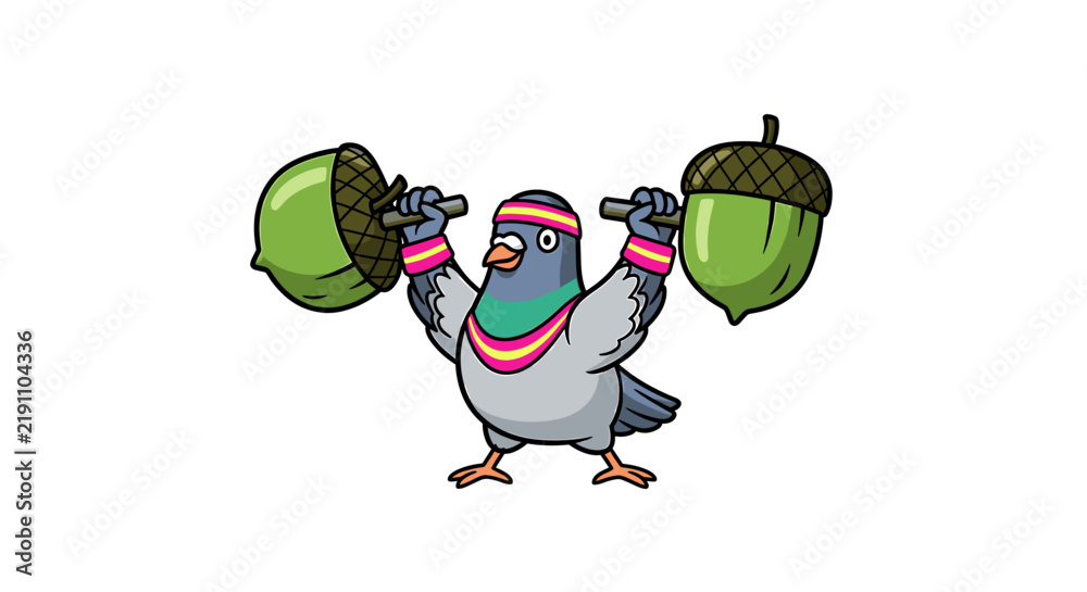 Fototapeta premium Pigeon lifting two heavy acorn weights in gym.
