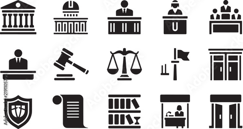Law firm and courthouse icons collection representing legal systems, justice and administration
