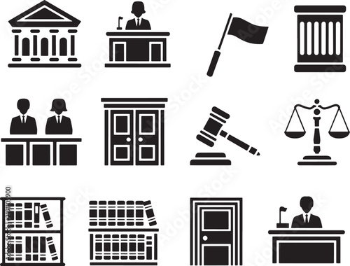 Law symbols collection featuring courthouse, judge, gavel, balance scale and legal books