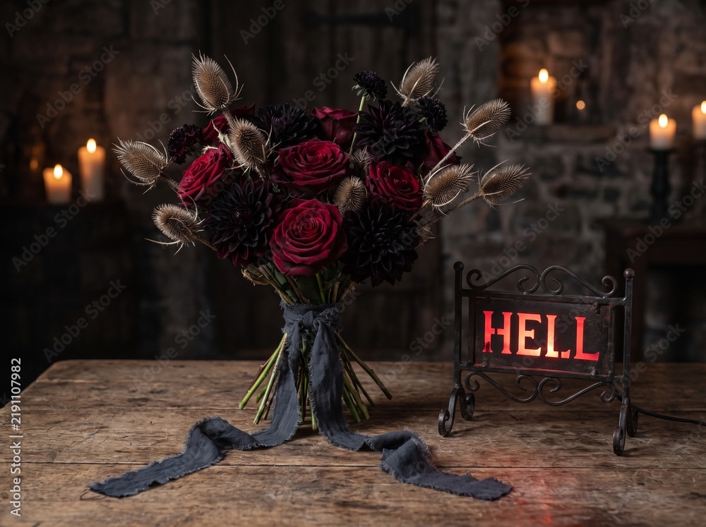 Obraz premium Gothic Red Rose Bouquet With Hell Sign and Candles in Dark Room