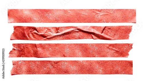 Red crumpled adhesive duct tape strips collection isolated on background