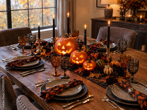 Foto Elegant Halloween Dinner Table with Glowing Jack-o-Lanterns and Autumn Decor