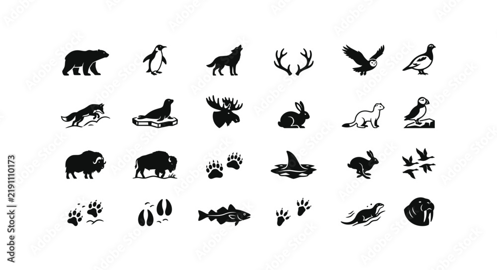 Fototapeta premium Winter Wildlife Silhouette Icon Set for Nature Design