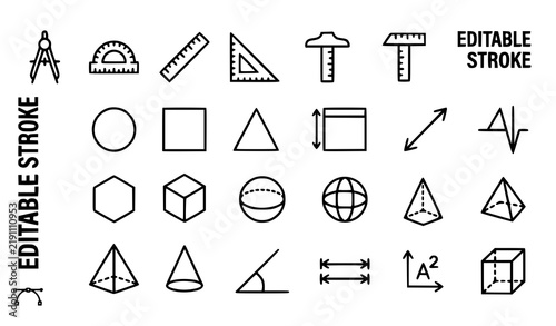 Geometry and Math Line Icon Set with Editable Stroke Featuring Protractor Ruler Compass Shapes Cube Sphere and Measurement Symbols