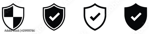 Security shield protection icon with check mark symbol representing verified safety, data protection, privacy, secure access, reliability, and digital