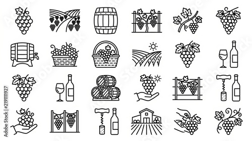 Elegant Blackline Illustrations of Vineyard and Wine Elements.