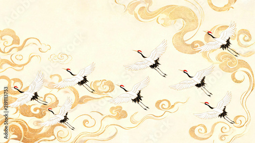 A slanting line of cranes over a heavy lower left cloud