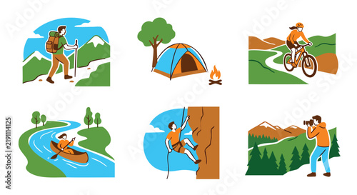 Set of vector illustrations featuring diverse outdoor adventure activities