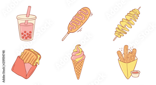 Cute hand drawn set of Korean street food and fast food snacks