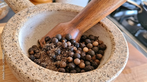 Whole and ground peppercorns are being crushed in a stone mortar.