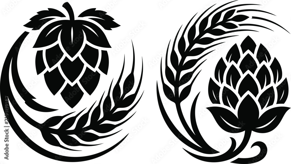 Obraz premium Hops and barley wreaths vector design elements for craft beer.