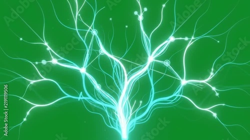 Glowing neural network energy lines and branching electrical digital connections on green screen.