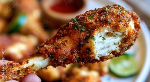 Crispy fried chicken drumstick served with dipping sauce and lime wedges on a plate