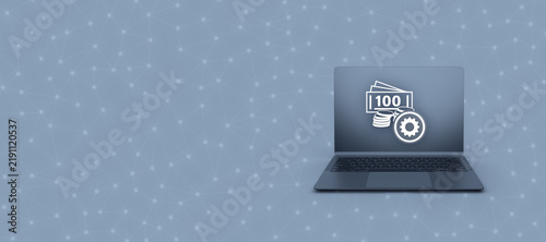 Фотография Digital financial planning and online investment concept with a modern laptop displaying a one hundred banknote icon and a gear, providing copy space on the blue background