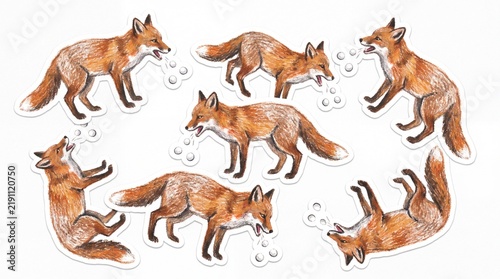Textured crayon fox stickers coughing up white spheres