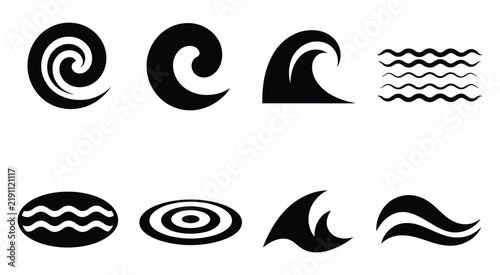 Ocean Wave Silhouette Icons with Sea Shapes, Marine Patterns, Water Movement, Coastal Elements, and Nautical Symbols