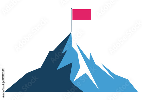 Mountain peak red flag illustration representing reaching goals, business success, personal achievement, motivation, progress, adventure, and overcoming challenges