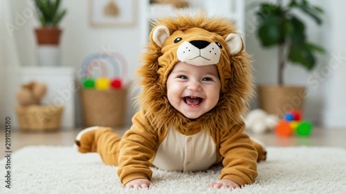 Baby in a lion costume, joyful expression, on a carpet