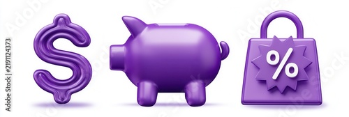 Piggy bank and discount symbols in purple color on a white background