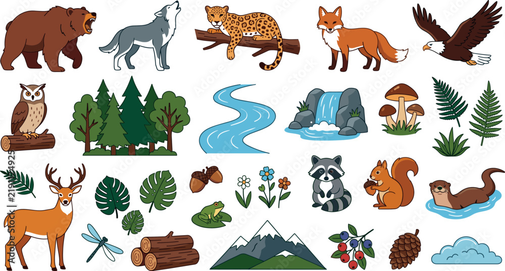Fototapeta premium Flat vector illustration set of forest wildlife animals and nature elements featuring bear wolf deer raccoon and eagle