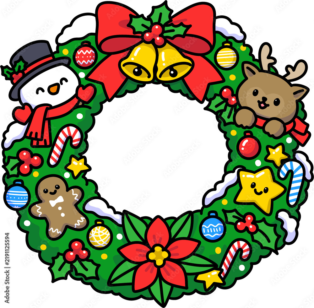 Naklejka premium Cute Christmas Wreath with Snowman, Bear, Gingerbread and Red Bows