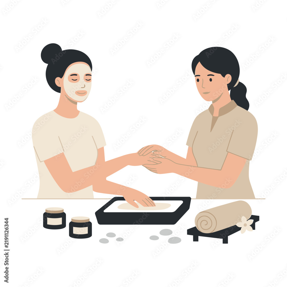 Fototapeta premium Woman getting spa treatment from therapist with face mask and beauty products