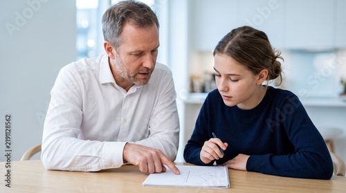 A supportive father helping his teenage daughter with her math homework at home