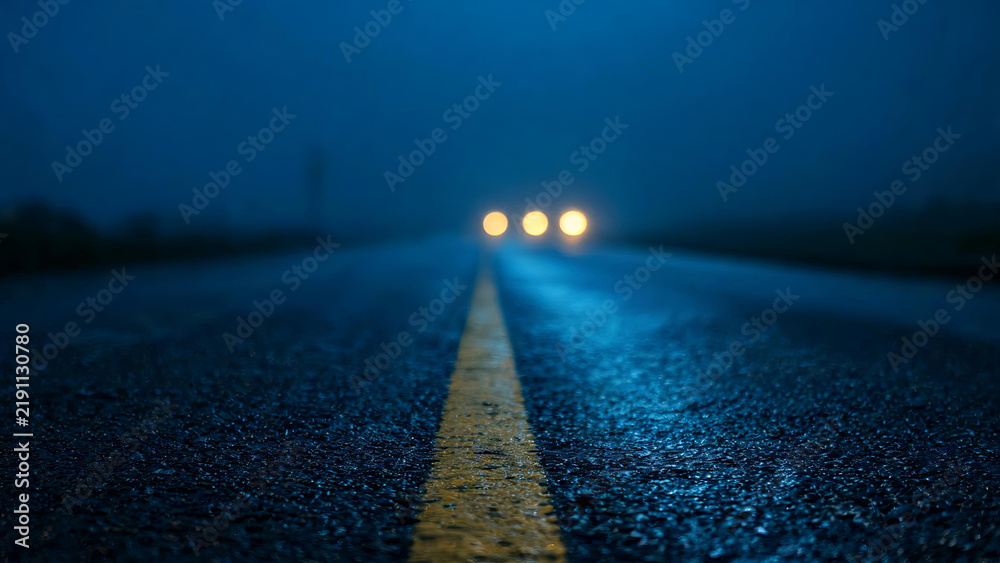 Obraz premium A low-angle view of a wet dark road at night, with blurred approaching vehicle headlights in the distance.
