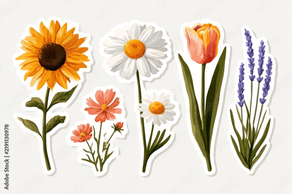 Fototapeta premium Illustration of five different flowers including sunflower, daisy, tulip, cosmos, and lavender with a white background.