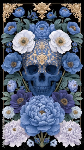 Decorative skull illustration adorned with blue and white flowers, featuring intricate gold detailing, set against a dark background with floral elements surrounding the central motif