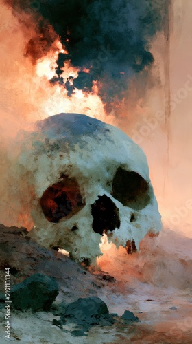 Skull surrounded by flames and smoke, creating a dramatic and intense visual effect, with a dark background emphasizing the fiery elements and textures