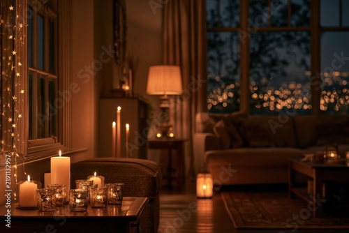 Cozy living room interior decorated with lit candles and warm lights at night