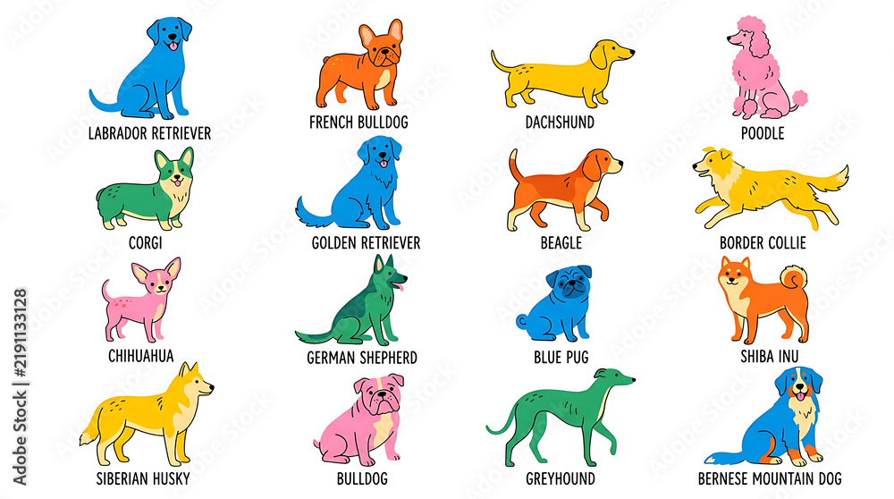Obraz premium Set of colorful dog breed illustrations with labels on a white background