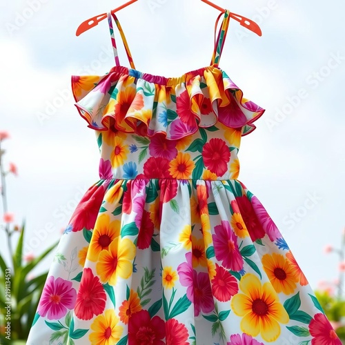 Vibrant sundress with floral print and ruffles, clothing, market stall