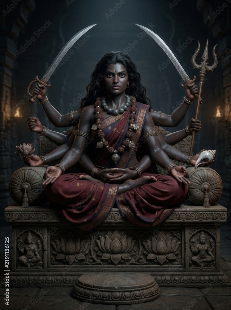 Fototapeta premium Multi-armed Goddess Kali Meditating on Throne