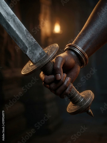 Close-up of a hand holding an ornate ancient sword