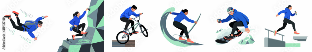 Obraz premium Flat vector illustrations set of people engaged in various extreme sports including skydiving, rock climbing, BMX biking, surfing, snowboarding, and parkour.