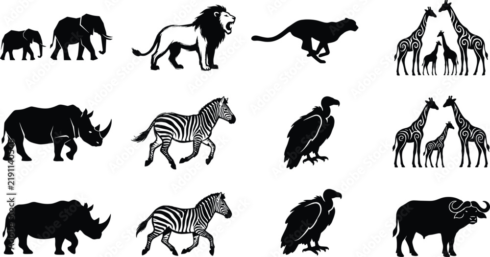 Obraz premium African Wildlife Silhouette Icon Set Featuring Lion Elephant Zebra Rhino Giraffe and Buffalo