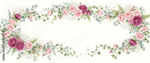 Elegant floral frame border featuring delicate pink roses, magenta peonies, and green foliage with a blank center space.