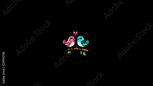 Three identical pairs of cartoon birds with hearts perched on branches against a black background with three repeating instances cute colorful cartoon heart symbol floating video displays three