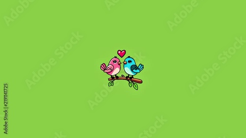 Three pairs of cute cartoon birds sitting on tree branches against a solid green background with captured simple horizontal layout three identical animated set against vibrant heart perched tree